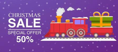 vente de noël locomotive à vapeur rouge avec chariots avec cadeaux.affiches de noël horizontales chemin de fer.concept de bannière de remise.cadeaux de vacances d'hiver.vecteur plat. vecteur