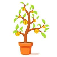 arbre d'argent en croissance. concept de croissance financière. arbre en pot de fleur. plante avec des pièces d'or. vecteur