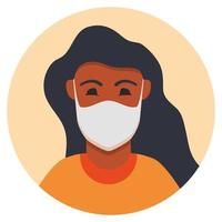 femme noire brune en masque facial pour prévenir la maladie, la grippe, la pollution de l'air.avatar de fille afro-américaine. vêtements de protection contre le coronavirus.personnes portant un masque chirurgical protecteur.vecteur plat. vecteur