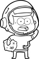 dessin animé surpris astronaute tenant un rocher de lune vecteur