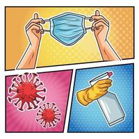 méthodes de prévention covid 19 icônes de pandémies dans un style pop art vecteur