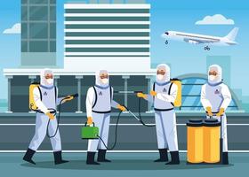 quatre agents de biosécurité désinfectent l'aéroport pour covid 19 vecteur