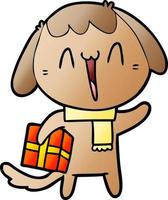 chien de dessin animé mignon avec cadeau de noël vecteur