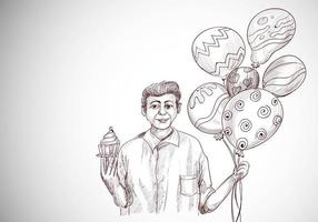 joyeux anniversaire mec à la recherche avec des ballons et des croquis de cupcake vecteur