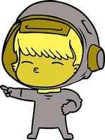 dessin animé curieux astronaute pointant du doigt vecteur