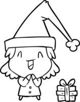 dessin au trait d'une fille portant un chapeau de noël vecteur