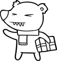dessin animé ours polaire en colère avec cadeau de Noël vecteur