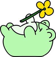 dessin animé d'une grenouille heureuse avec une fleur vecteur