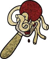 illustration texturée grunge spaghetti et boulettes de viande de dessin animé sur la fourche vecteur