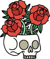 tatouage traditionnel d'un crâne et de roses vecteur