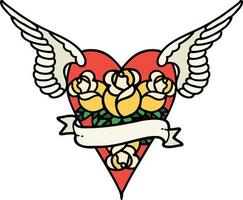 tatouage traditionnel d'un coeur volant avec des fleurs et une bannière vecteur