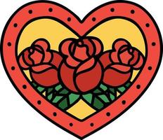 tatouage traditionnel d'un coeur et de fleurs vecteur