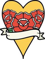 tatouage traditionnel d'un coeur et d'une bannière avec des fleurs vecteur