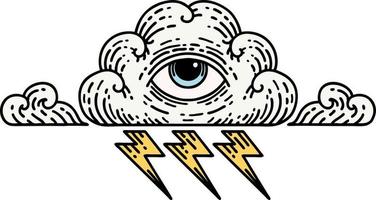 tatouage traditionnel d'un nuage d'oeil qui voit tout vecteur