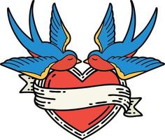 tatouage traditionnel d'une hirondelle et d'un coeur avec bannière vecteur