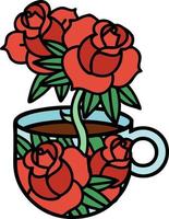 tatouage traditionnel d'une tasse et de fleurs vecteur