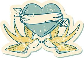 icône de style tatouage autocollant en détresse d'une hirondelle et d'un coeur avec bannière vecteur