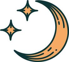 icône de style tatouage d'une lune et d'étoiles vecteur