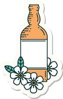 autocollant de style tatouage d'une bouteille de rhum et de fleurs vecteur