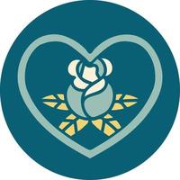 icône de style tatouage d'un coeur et de fleurs vecteur