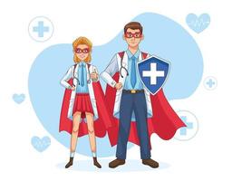 couple de super médecins avec manteau et bouclier de héros vecteur