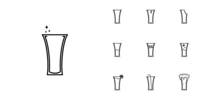 dix ensembles d'icônes de ligne de verre de boisson gazeuse. avec paille, glaçon, citron, eau froide, soda et mousse. style simple, ligne, silhouette et épuré. noir et blanc. adapté aux symboles, signes, icônes ou logos vecteur