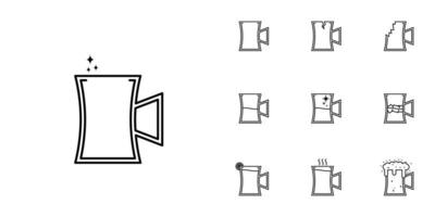 dix ensembles d'icônes de ligne de verre de bière stein. avec glaçon, citron, eau chaude, eau froide, soda et mousse. style simple, ligne, silhouette et épuré. noir et blanc. adapté au symbole, au signe, à l'icône ou au logo vecteur