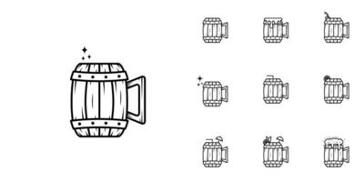 dix ensembles d'icônes de ligne de tasse en bois. avec paille, citron, cerise, soda, mousse et eau froide. style simple, vintage, ligne, silhouette et épuré. noir et blanc. adapté aux symboles, signes, icônes ou logos vecteur