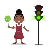 fille avec un signe pour y aller. le feu montre un signal vert vecteur