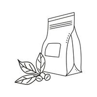 sac en papier kraft avec des grains de café dans une fenêtre transparente isolé sur fond blanc. style de griffonnage. vecteur