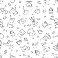 doodle modèle sans couture de café avec des tasses et des pots sur fond blanc. vecteur