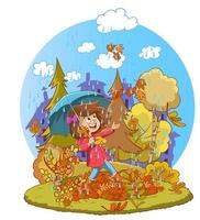 illustration vectorielle de fille avec parapluie marchant sous la pluie en automne vecteur