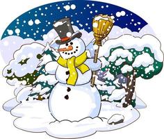 bonhomme de neige avec chapeau et écharpe isolé sur paysage d'hiver enneigé. illustration vectorielle. vecteur