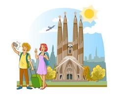 printvector illustration d'un couple de touristes prenant un selfie à la sagrada familia, une grande église catholique romaine à barcelone, espagne, conçue par l'architecte catalan antoni gaudi vecteur