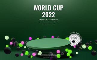 concept d'affichage des produits de la coupe du monde 2022, podium vert flottant avec une lueur de balle sur fond vert, illustration vectorielle vecteur