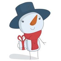 bonhomme de neige dans un chapeau et une écharpe portant le cadeau de Noël vecteur