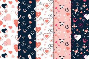 collection de fond de modèle d'amour sans soudure sur fond blanc et sombre. ensemble de motifs d'éléments d'amour simples pour les draps, les cartes-cadeaux et les papiers d'emballage. vecteur de jeu de motifs de valentine sans fin.