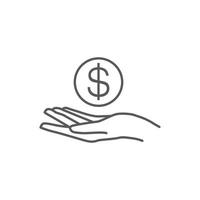 icône d'économie d'argent. symbole d'argent de salaire. investir le logo de la finance. main tenant l'icône linéaire de la pièce. conception de vecteur de main et de pièce de monnaie. symbole de remboursement. illustration vectorielle