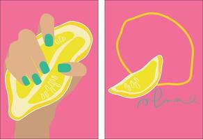 citron dans un style moderne. la main d'une femme avec une manucure tient un citron. ensemble d'illustrations vectorielles sur fond rose. illustration vectorielle contemporaine moderne. fond abstrait minimal. vecteur