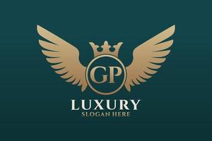 lettre d'aile royale de luxe gp crest logo couleur or vecteur, logo de victoire, logo de crête, logo d'aile, modèle de logo vectoriel. vecteur