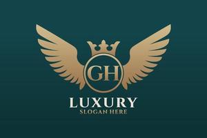 lettre d'aile royale de luxe gh crête vecteur de logo couleur or, logo de victoire, logo de crête, logo d'aile, modèle de logo vectoriel.