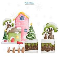 scène de deux maisons d'hiver vintage avec sapin de noël et clôture en brique, illustration aquarelle vecteur