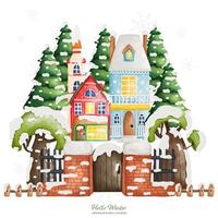 maison d'hiver de style ancien avec sapin de noël et clôture en briques. illustration vectorielle aquarelle vecteur