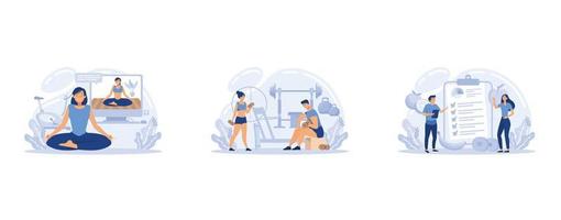 ensemble de concept d'entraîneur de fitness. séance d'entraînement dans la salle de gym avec un athlète professionnel. mode de vie sain et actif, définir une illustration moderne à vecteur plat