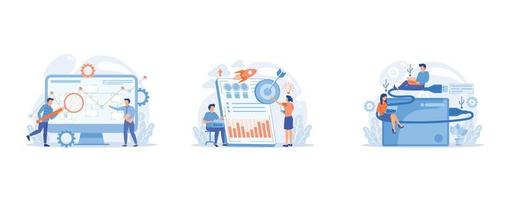 analyste de personnes minuscules et scientifique des données travaillant avec des données, analystes commerciaux minuscules discutant d'idées sur un ordinateur portable avec des données, hommes d'affaires minuscules sur des ordinateurs portables utilisant un disque dur externe portable, vecteur