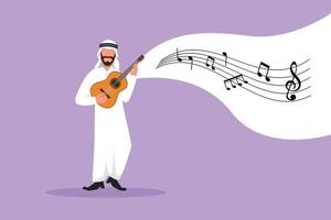 conception d'entreprise dessinant un gars arabe jouant sur l'ukulélé et chantant en s'amusant. musicien masculin tenant une petite guitare et chantant. l'homme joue sur un instrument de musique. illustration vectorielle de style dessin animé plat vecteur