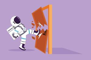 dessin à plat de personnage le jeune astronaute donne un coup de pied à la porte jusqu'à ce que la porte se brise à la surface de la lune. l'astronaute donne un coup de pied à la porte verrouillée et détruit. concept d'espace cosmonaute. illustration vectorielle de dessin animé vecteur