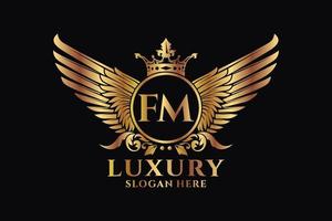 lettre d'aile royale de luxe fm crête logo couleur or vecteur, logo de victoire, logo de crête, logo d'aile, modèle de logo vectoriel. vecteur