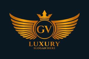 lettre d'aile royale de luxe gv crête logo couleur or vecteur, logo de victoire, logo de crête, logo d'aile, modèle de logo vectoriel. vecteur