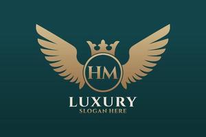 lettre d'aile royale de luxe hm crest logo couleur or vecteur, logo de victoire, logo de crête, logo d'aile, modèle de logo vectoriel. vecteur
